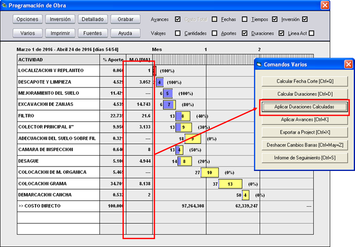 El programa calcula forma automática las duraciones de las actividades del cronograma de obra, y usted decide discrecionalmente si aplicarlas o personalizarlas